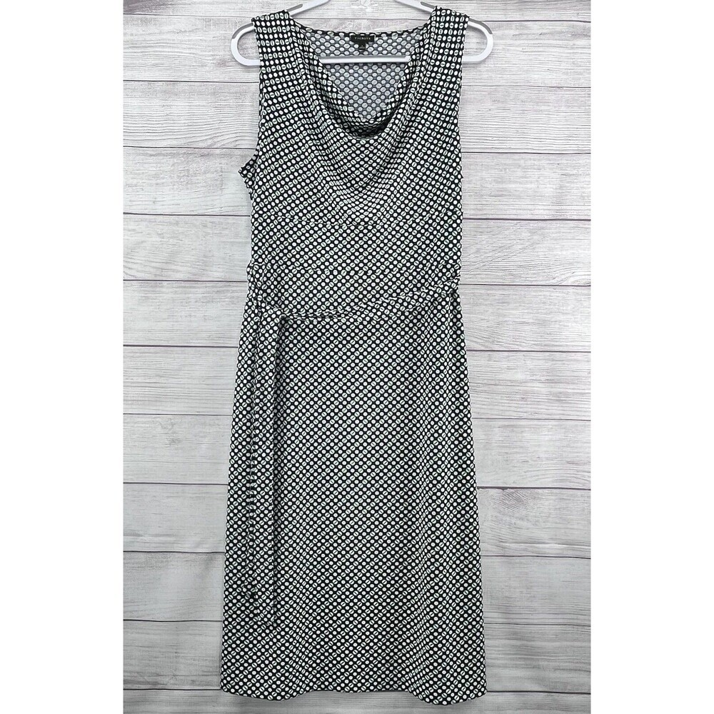 Talbots Women’s Polka Dot Dress Sz Large Drop Neck‎ Sleeveless Green Blue Belted